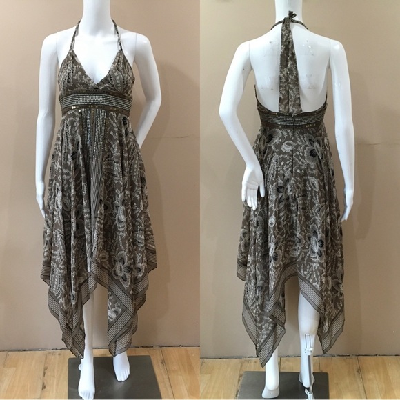 Vintage 90's Y2K Bcbgmaxazria Floral Asymmetrical Dress Silk Halter Sequin Sz 2 - Picture 1 of 6